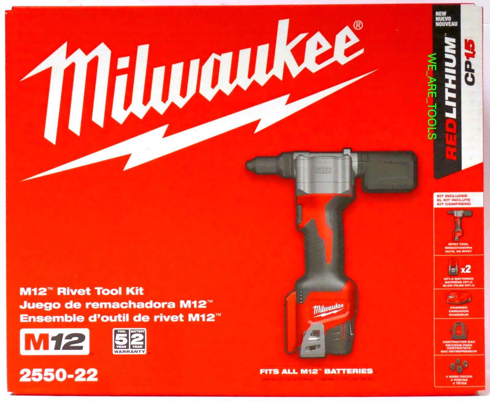 NEW Milwaukee M12 2550-22 Cordless Rivet Tool KIT W/ (2) Batteries, Charger, Bag