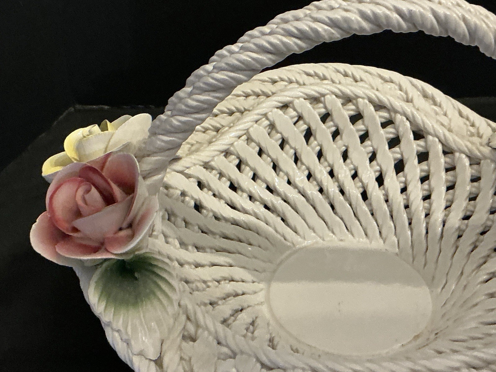 Large 13" Diameter Capodimonte Lattice & Roses Porcelain Basket