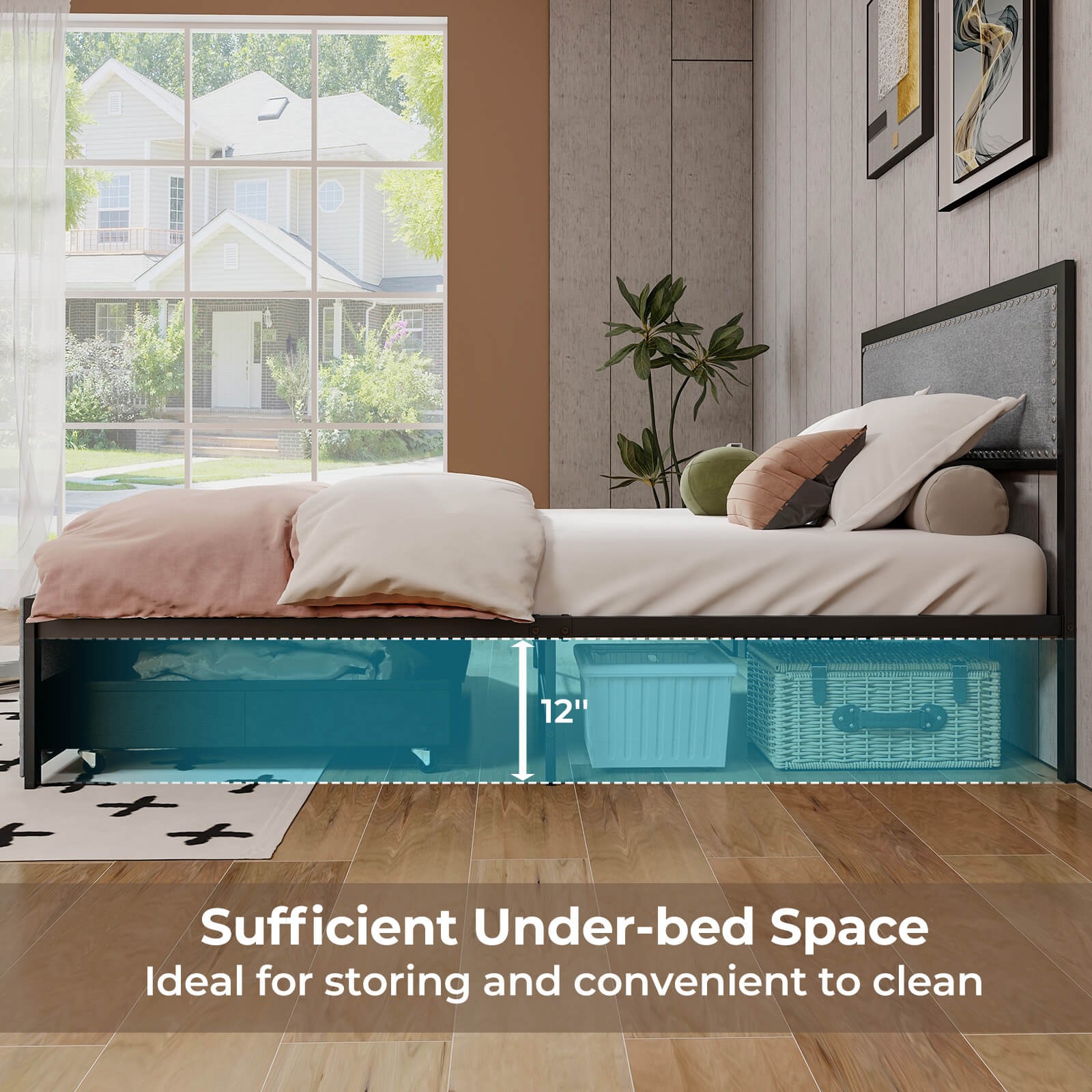 Full Size Bed Frame with 2 Storage Drawers LED Lights Slats Support Modern