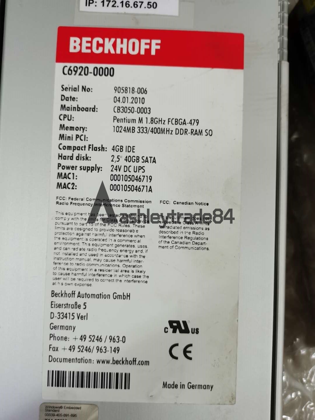 1PC Used BECKHOFF C6920-0000