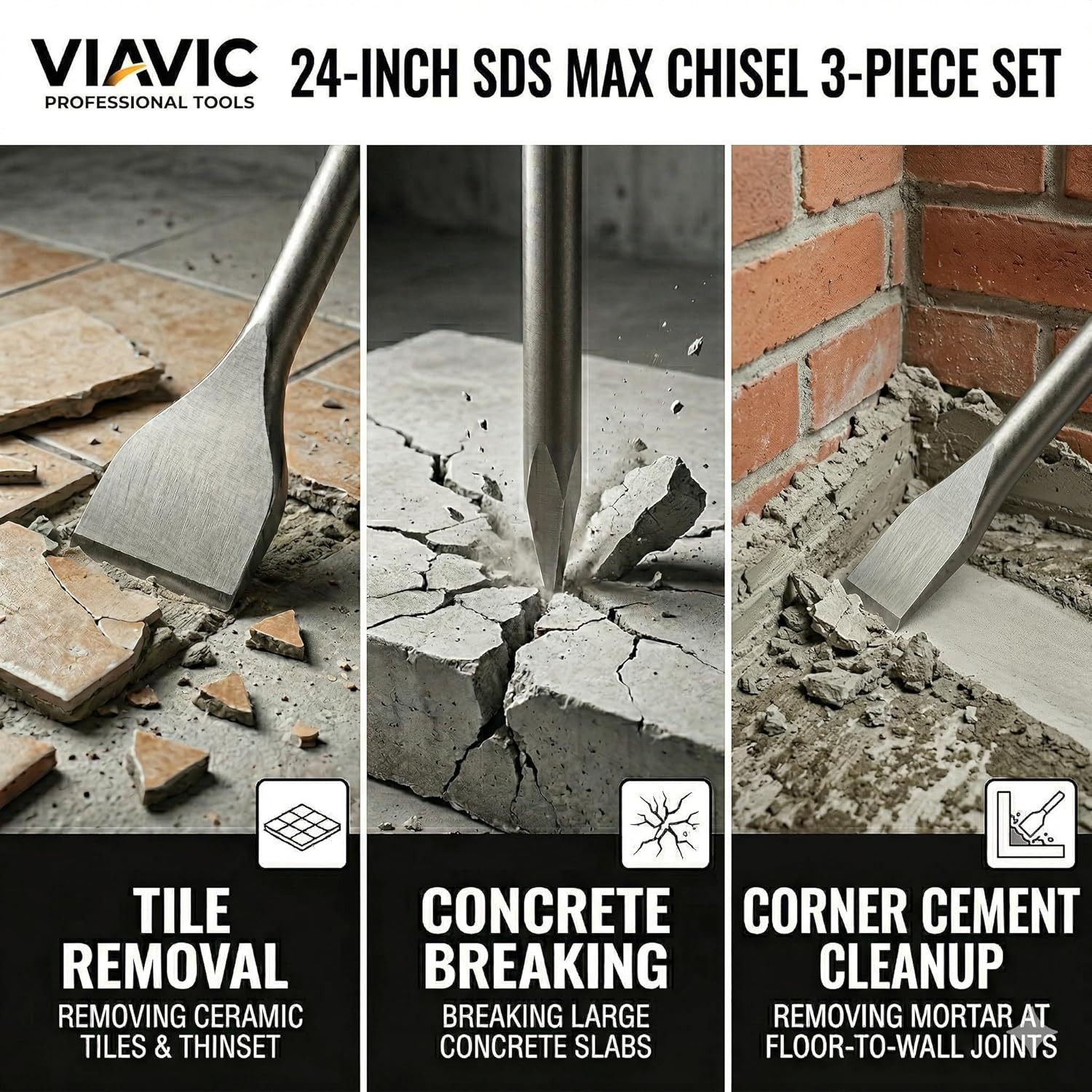 24-Inch SDS Max Chisel Bits Set - 3 Piece Extra Long Demolition Kit (Scaling, Po