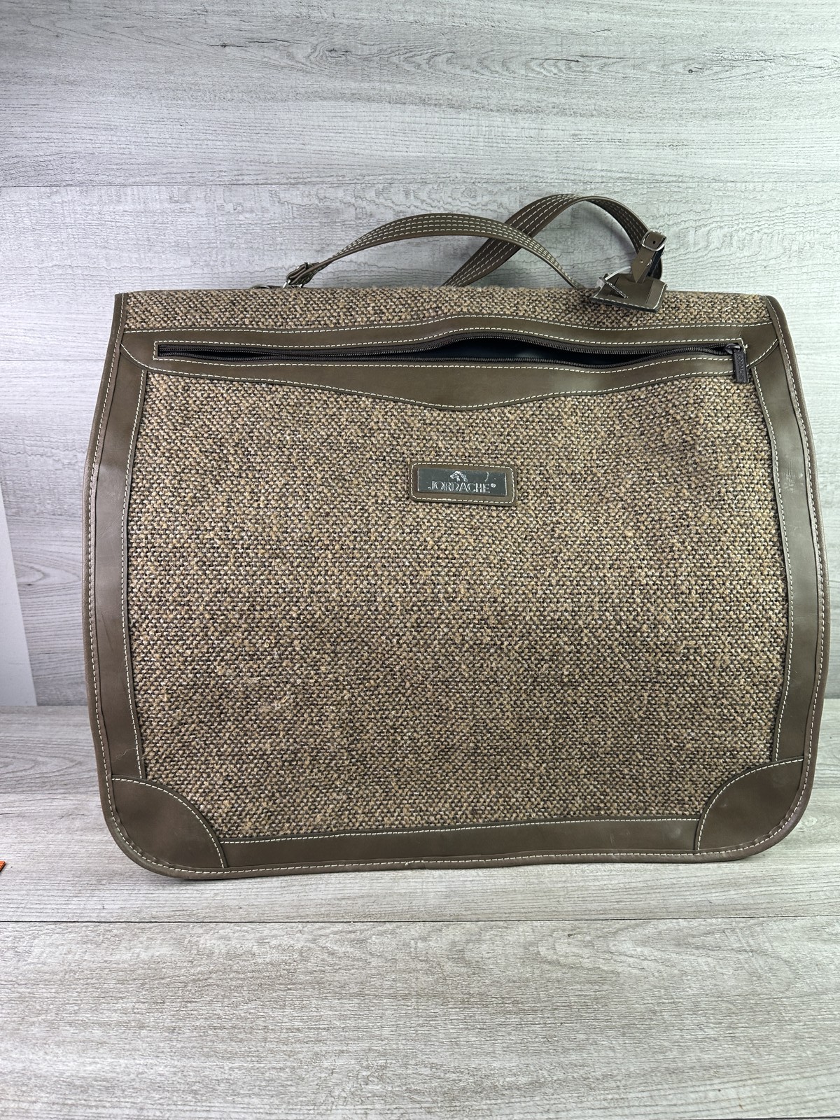 Jordache Vintage Brown Tweed Faux Leather Garment Bag Suit Carrier Luggage