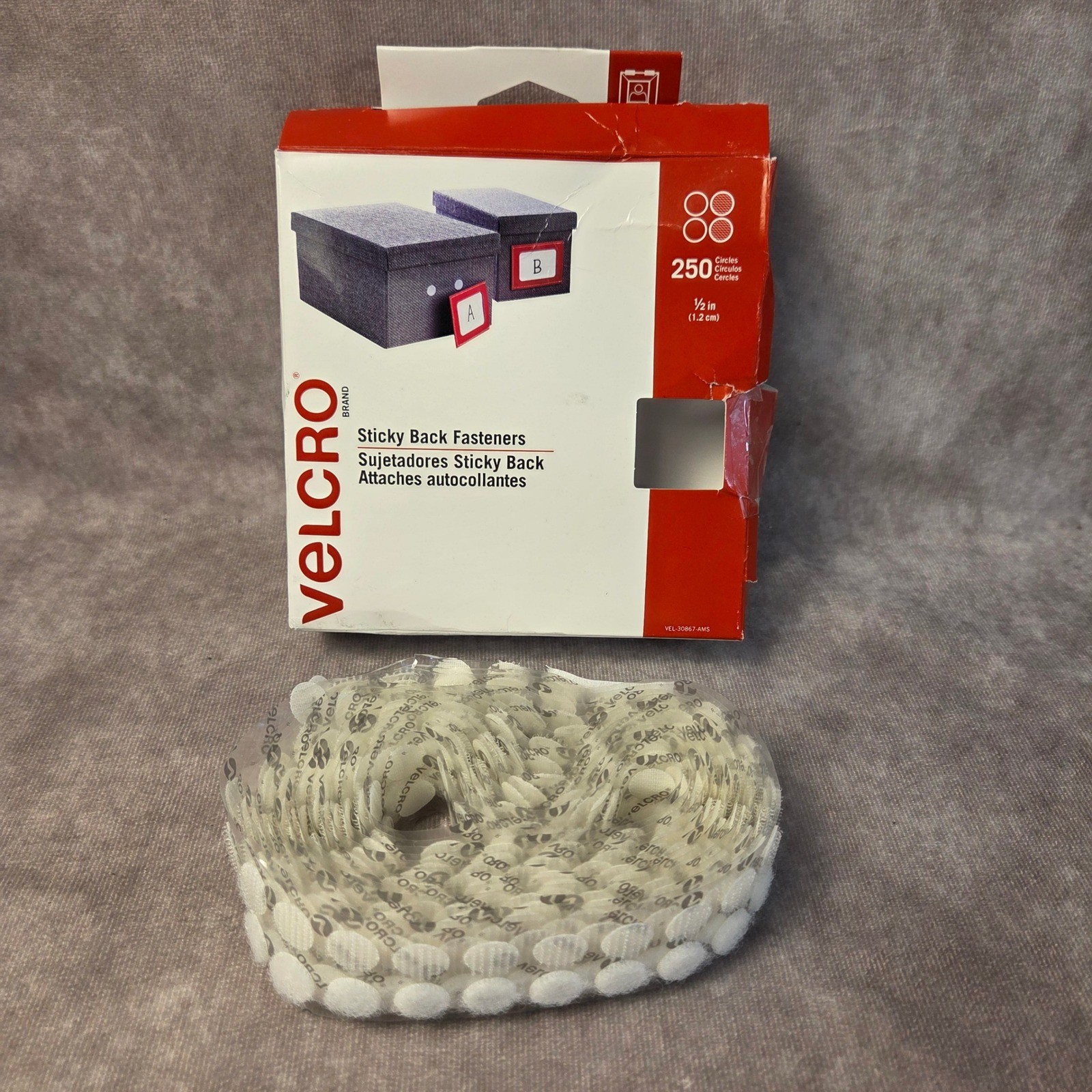 VELCRO Brand Sticky Back Fasteners 250 Circles 0.5in White VEL-30867-AMS