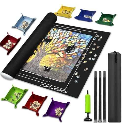 Puzzle Mat Roll-Up for Jigsaw Storage, 8 Sorting Trays & Drawstring Bag, 1500 PC