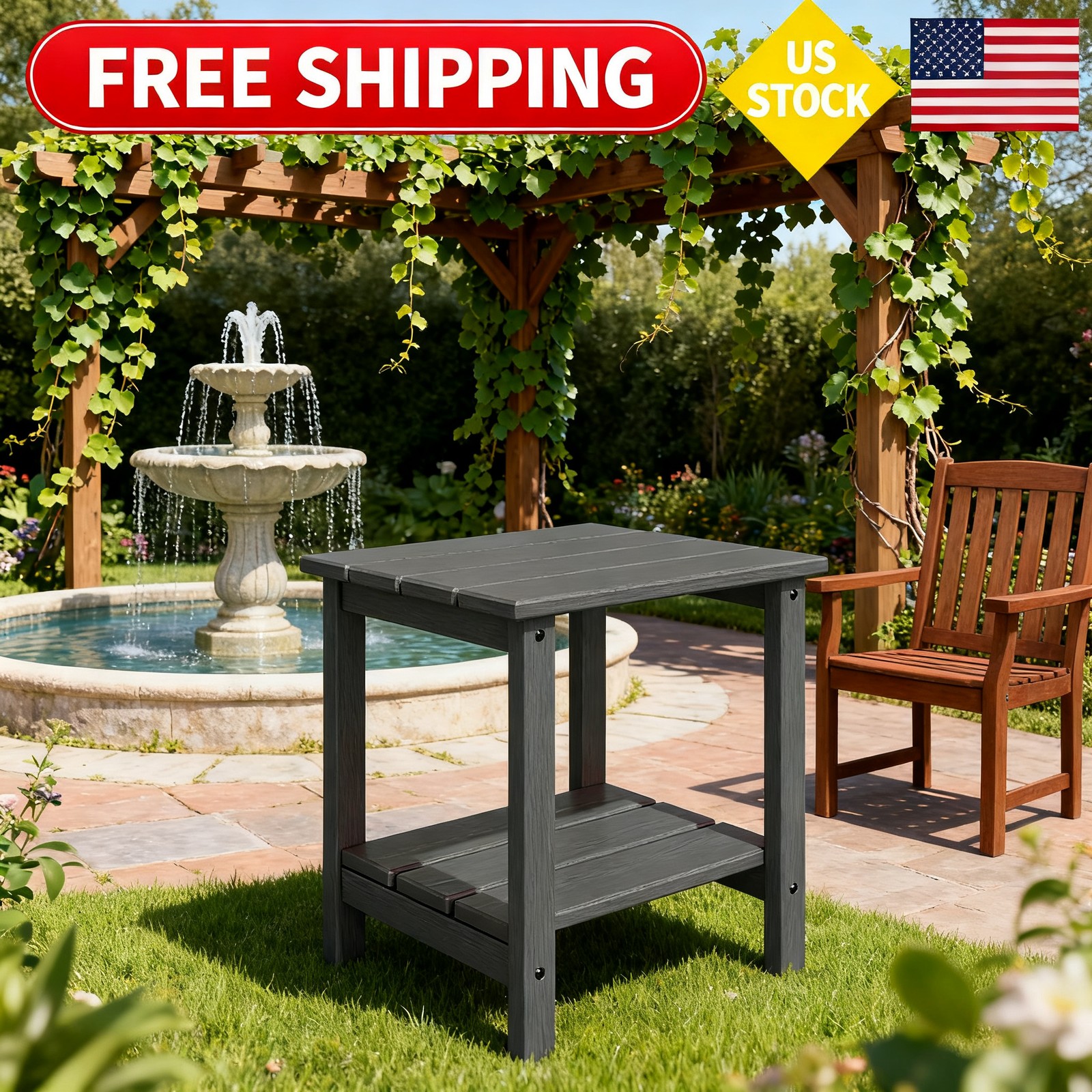 2-Tier HDPE Outdoor Side Table for Patio – Weather Resistant End Table GRAY