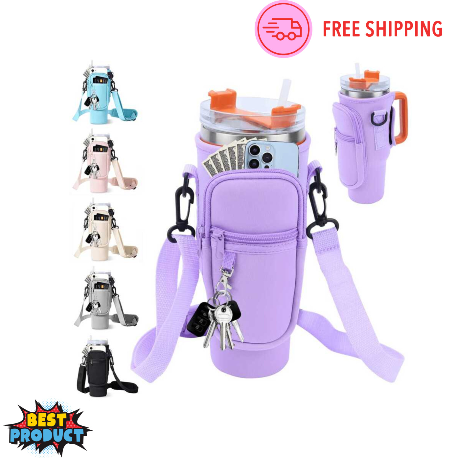 Stanley Tumbler Water Bottle Carrier Bag 40/30Oz With Phone Credit Card Pocket