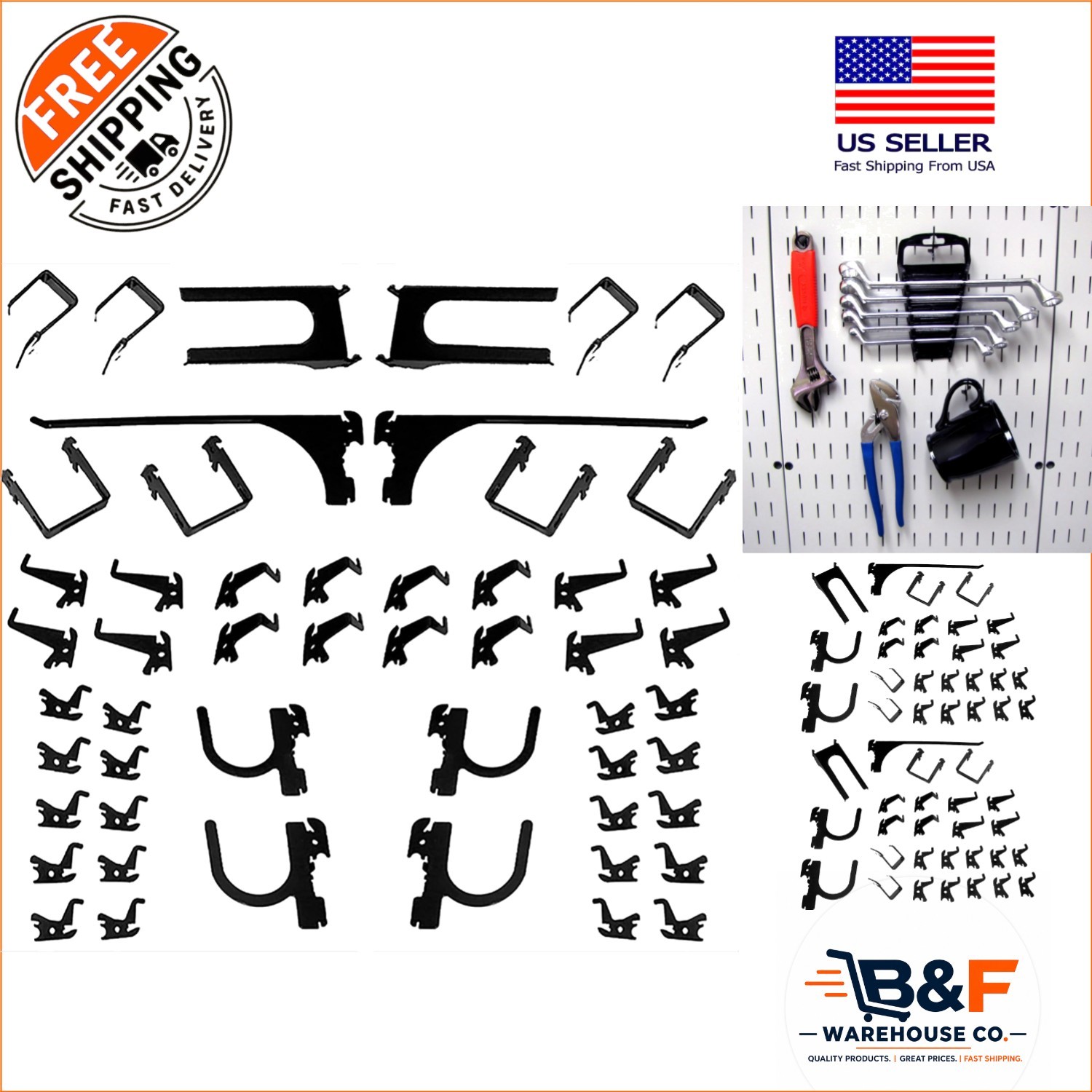 52-Piece Heavy-Duty Metal Pegboard Hook Set - Black Steel Organization