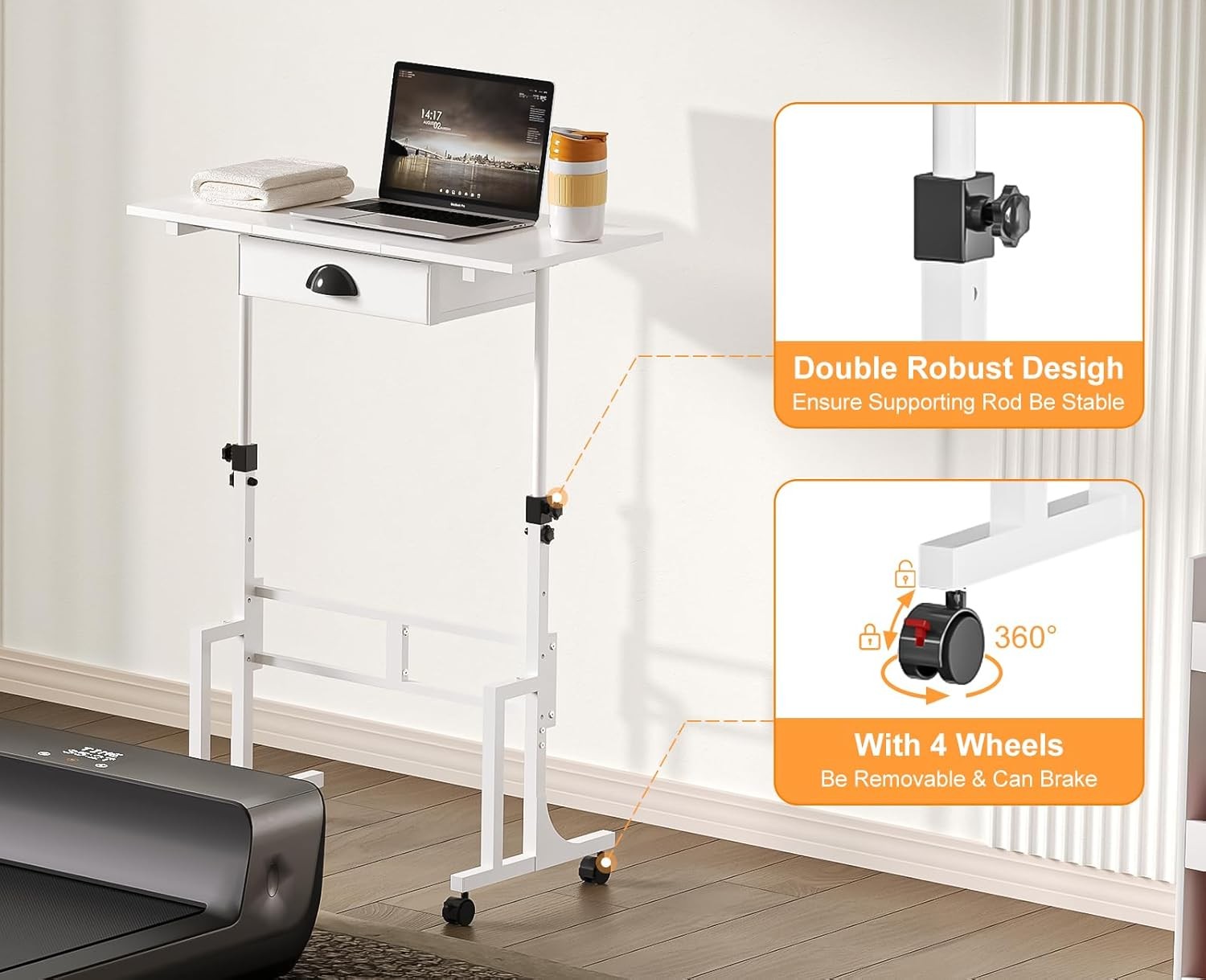 Adjustable Height Standing Desk W/ Drawer Rolling Sit Stand Up Desk W/ Wheels