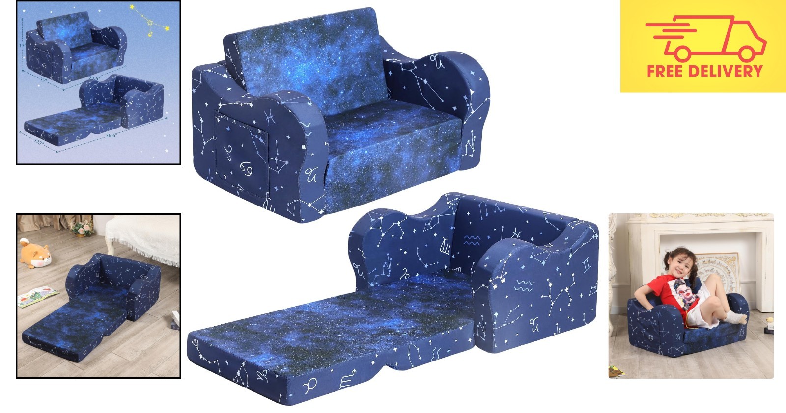 Kids Sofa - 2-in-1 Flip-Out Foam Couch, Blue, Cozy Lounge Chair for Toddlers