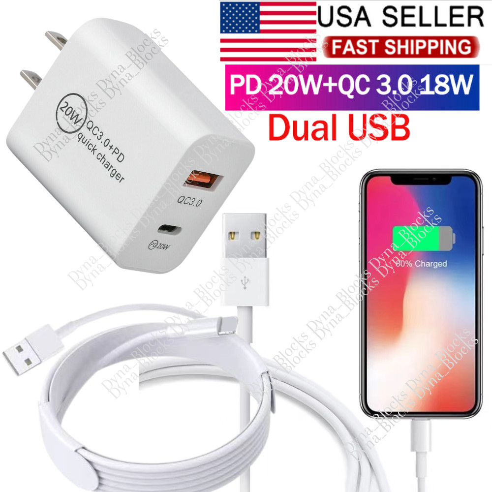 PD 20W USB Fast Charger Power Adapter Block Charging Cable For iPhone 13 12 11 8