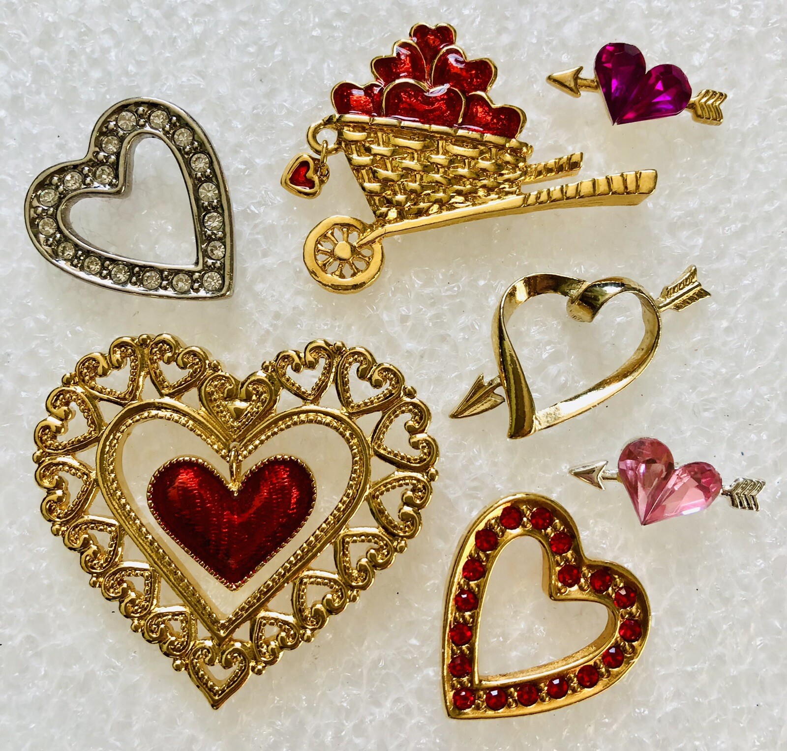 Avon Valentine’s Day Tack Pin LOT (7 Pins) Hearts Wheelbarrow Rhinestones