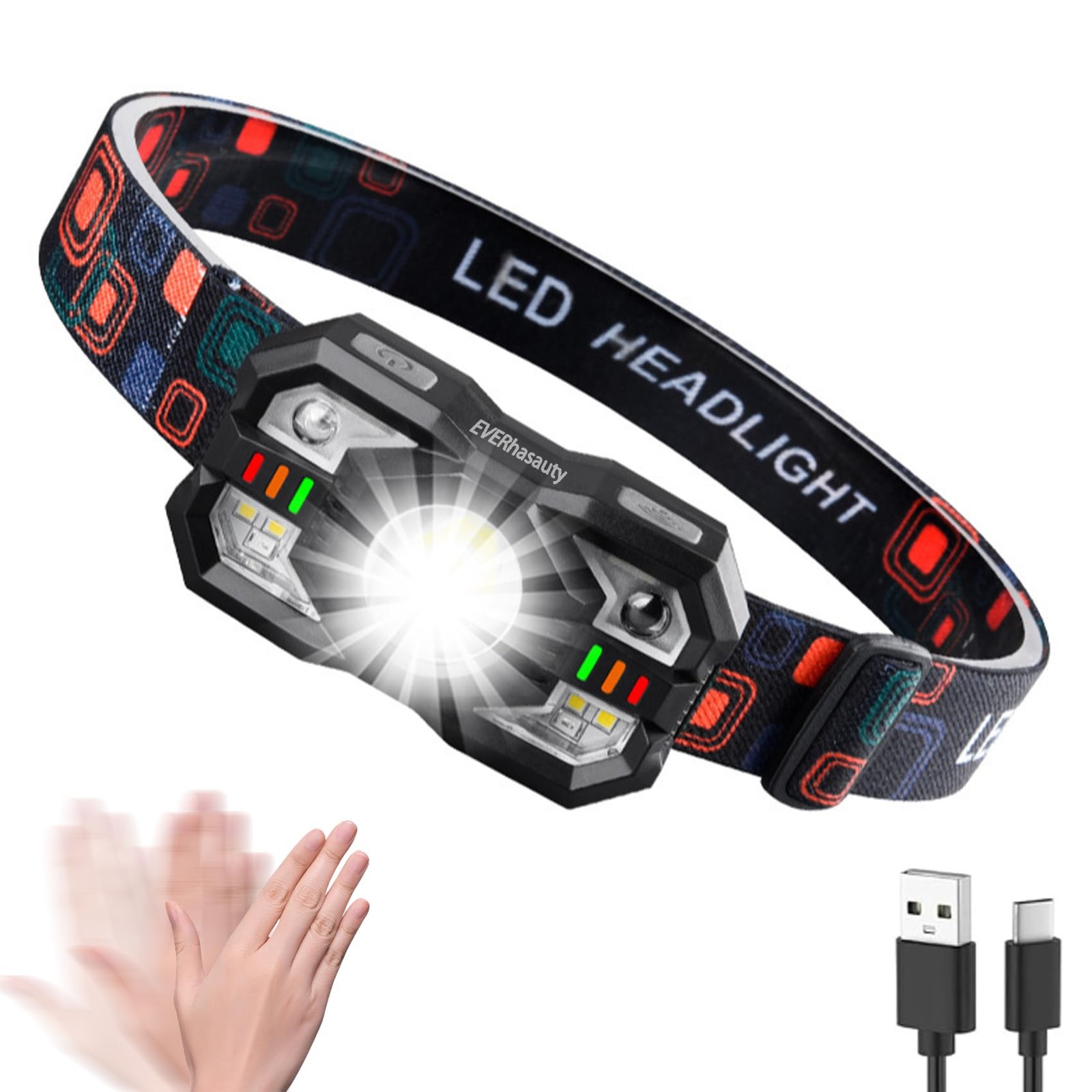 EVERhasauty Headlamp Rechargeable, 1200 Lumen Super Bright 75x45x41mm, Black