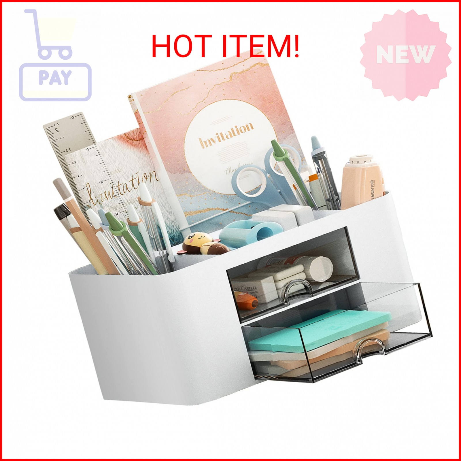 Marbrasse Pen Organizer with 2 Drawer, Multi-Functional Pencil Holder for Desk,