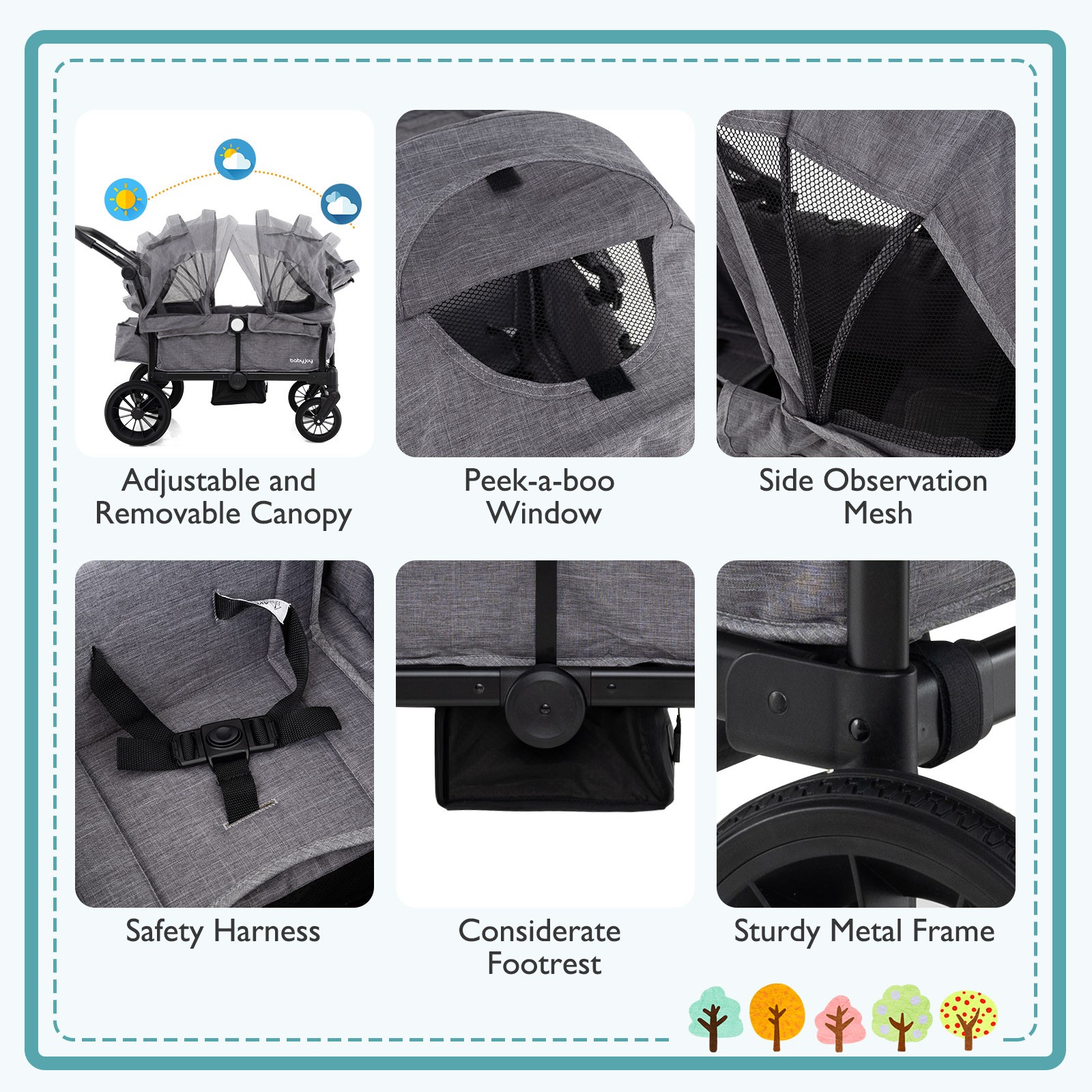 Wagon Stroller for 2 Kids Push Pull Double Stroller w/ Adjustable Handle