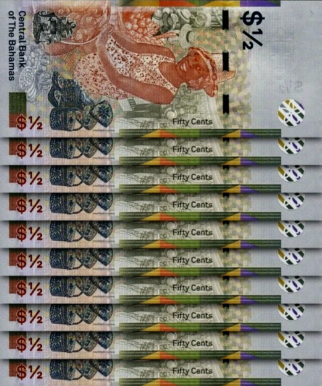 BAHAMAS 0.50 ½ DOLLAR P-76Aa 2000 x 10 Pcs Lot BUNDLE QUEEN UNC Currency NOTE