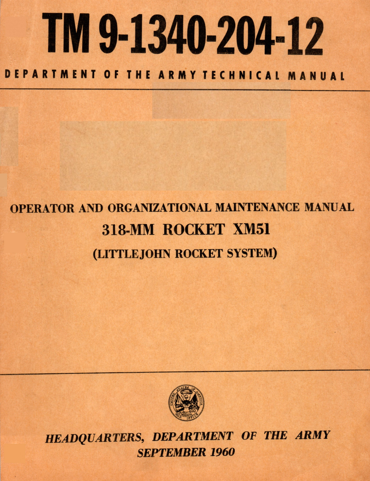 70 Page 1960 TM 9-1340-204-12 318MM XM51 LITTLE JOHN ROCKET SYSTEM On Data CD