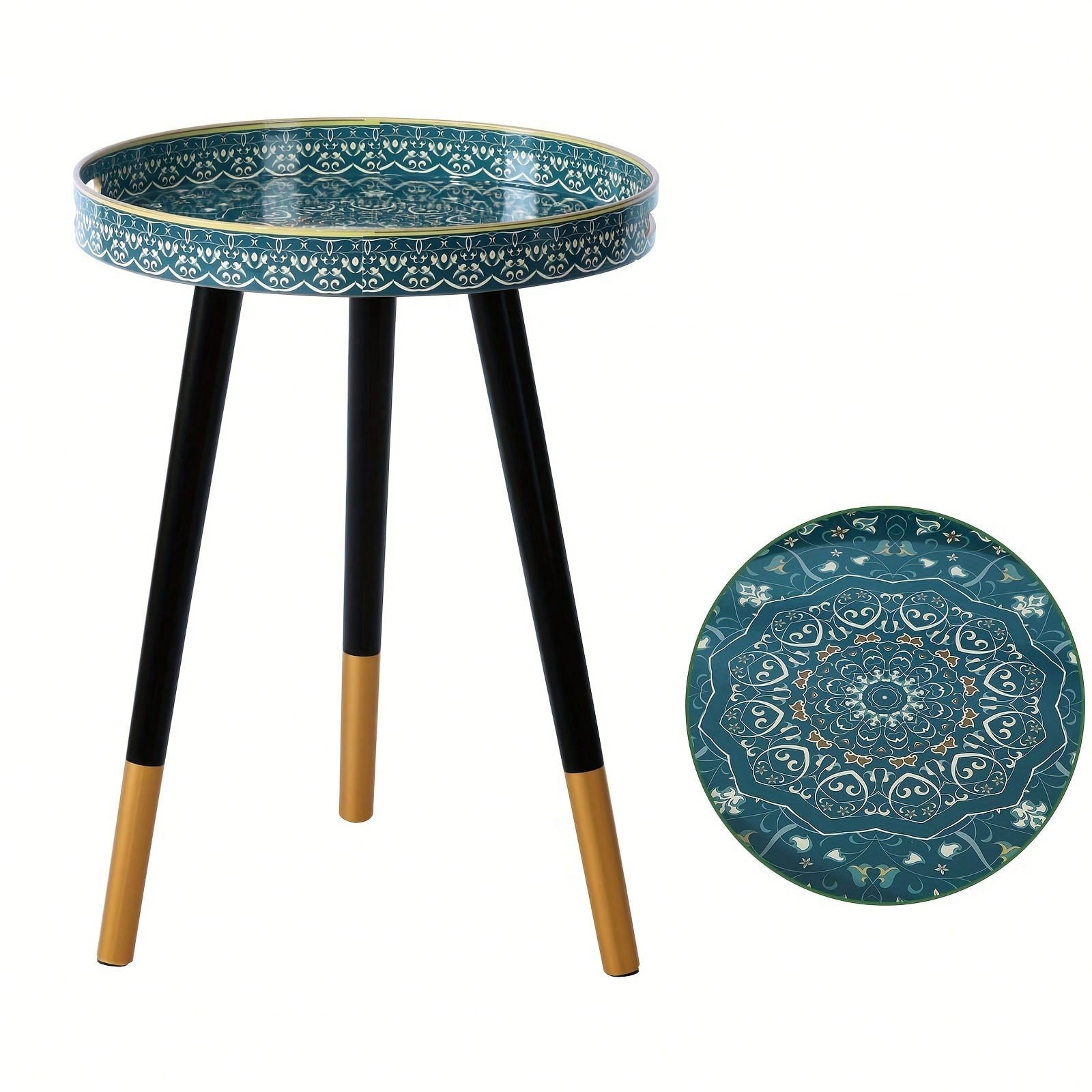15-Inch Bohemian Round Side Table Plastic Frame Triangle Legs Dark Green