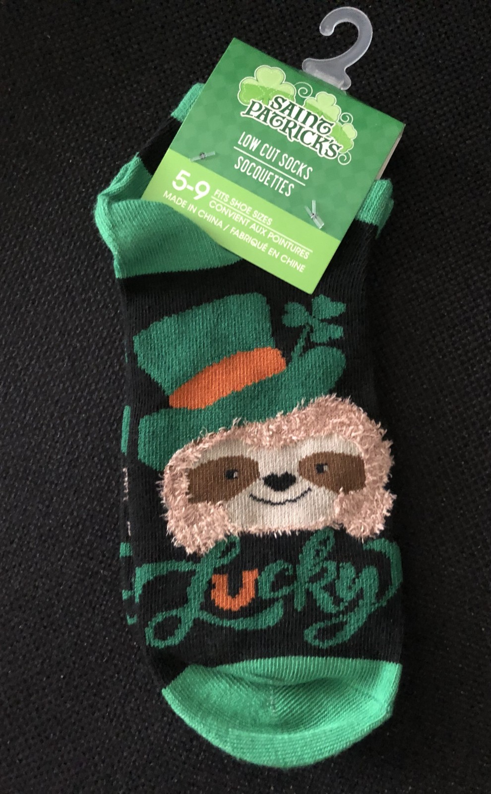 St Patricks Day Sloth Lucky Socks Fits Shoe Size 5 to 9 Low Cut Ankle Socks