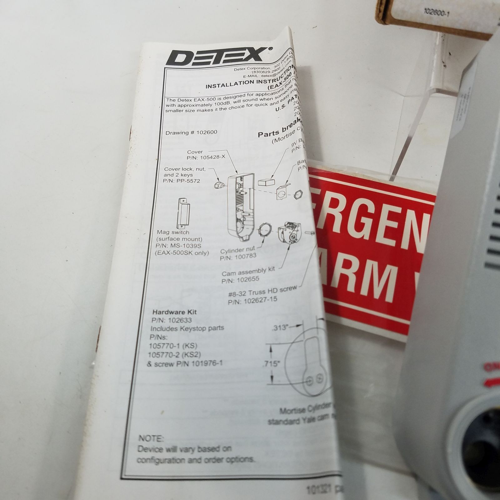 Detex EAX-500 100dB Exit Door Alarm for Mortise Cylinders Needs 9V Battery