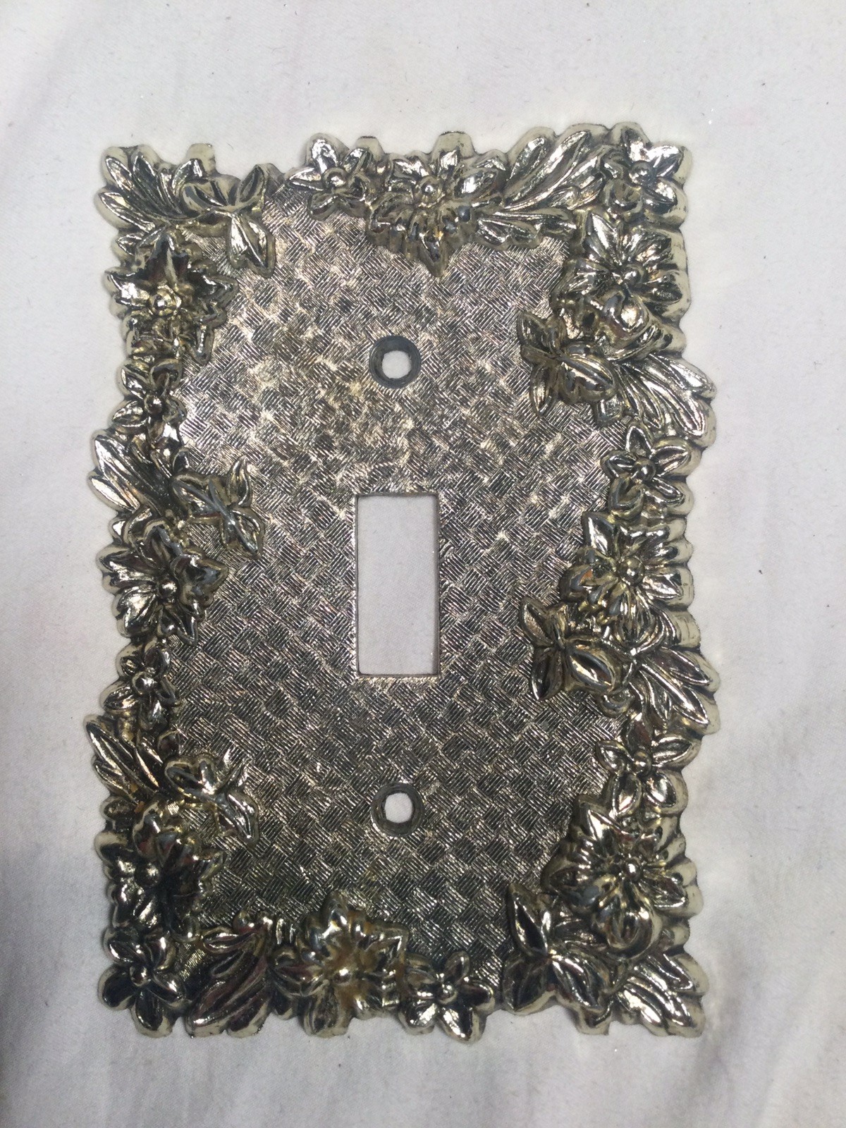 M.C. Co. #3107 Floral Metal Toggle Switch Plate Cover Filigree Basketweave Brass
