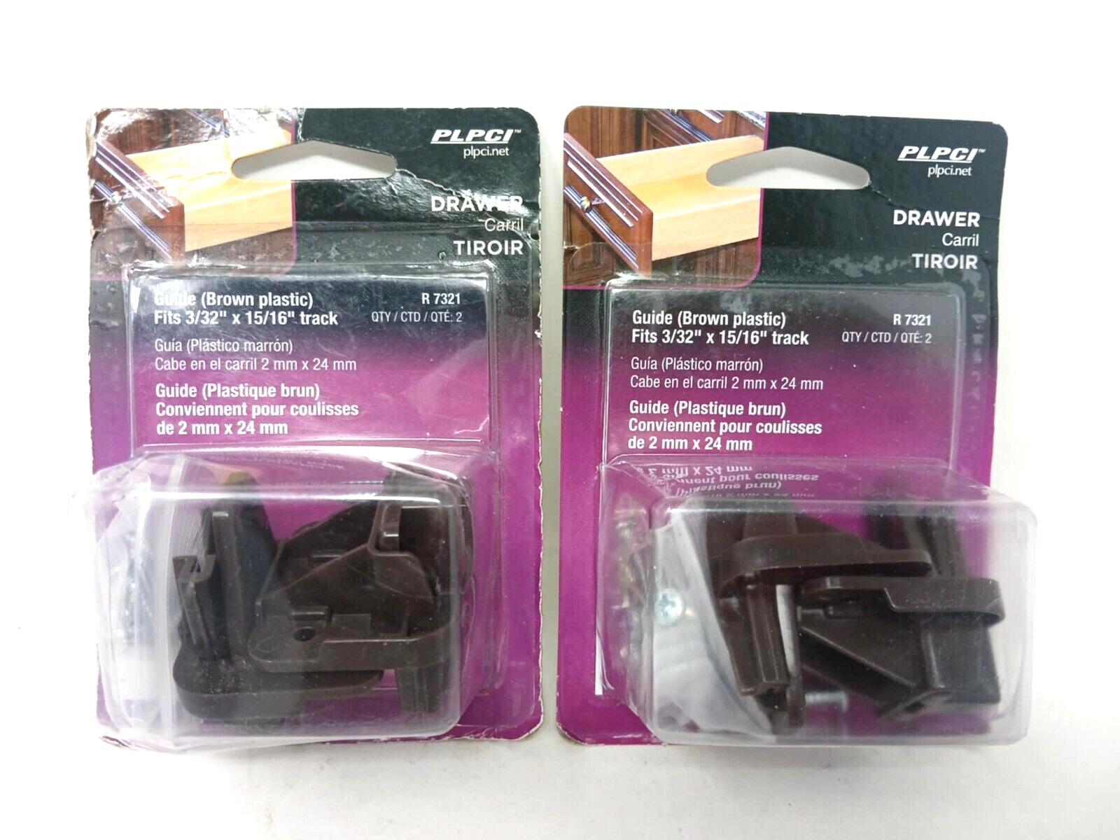 2 PACK - PLPCI R 7321 Brown Plastic Drawer Guide Fits 3/32" x 15/16" Track