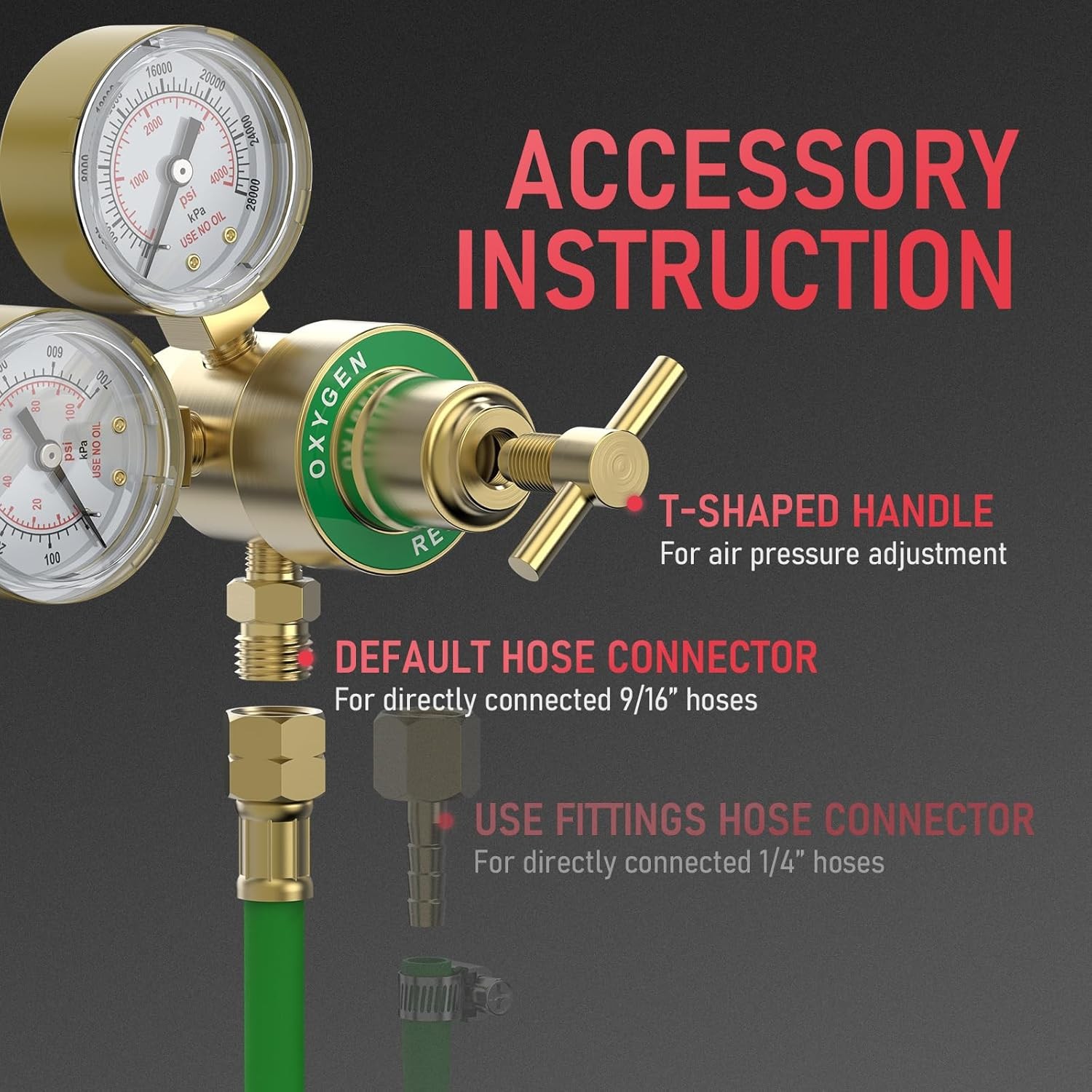 Acetylene & Oxygen Regulator, CGA540 & CGA200, with T-Handle & Hose Connector