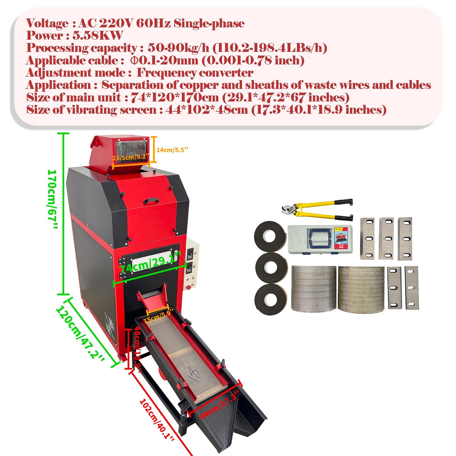 220V 1PH Copper Wire Granulator Waste Copper Wire and Cable Recycling Machine
