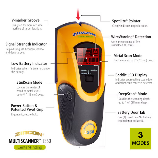 Zircon Multiscanner L350 OneStep Stud Finder in Wood and Metal 3 Modes New