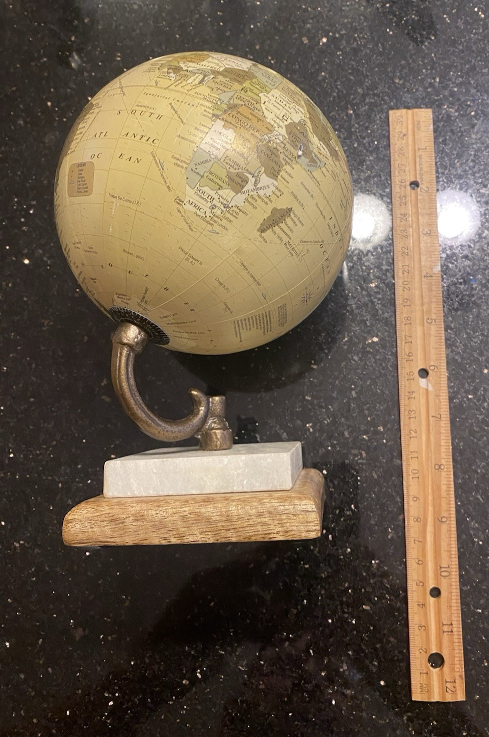 DESKTOP WORLD GLOBE SPINS! ON MARBLE & WOOD BASE - AGE UNKNOWN - 8 INCHES TALL