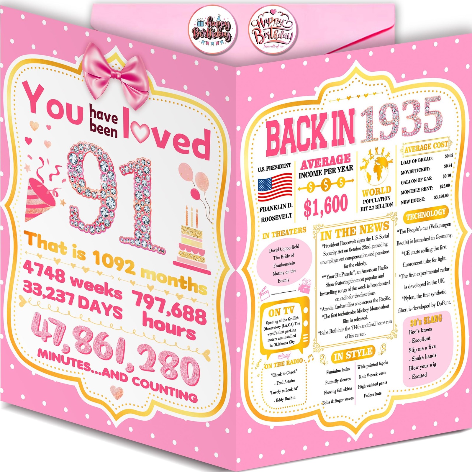 Happy 91st Birthday Card Gift Decorations for Women, Large 10.6 x 7.9 Inch Do...