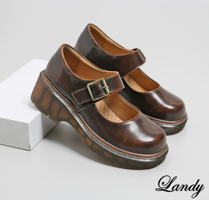 Spring College Women‘s Platform Block Heel Mary Janes Pump Leather Shoes Fashion