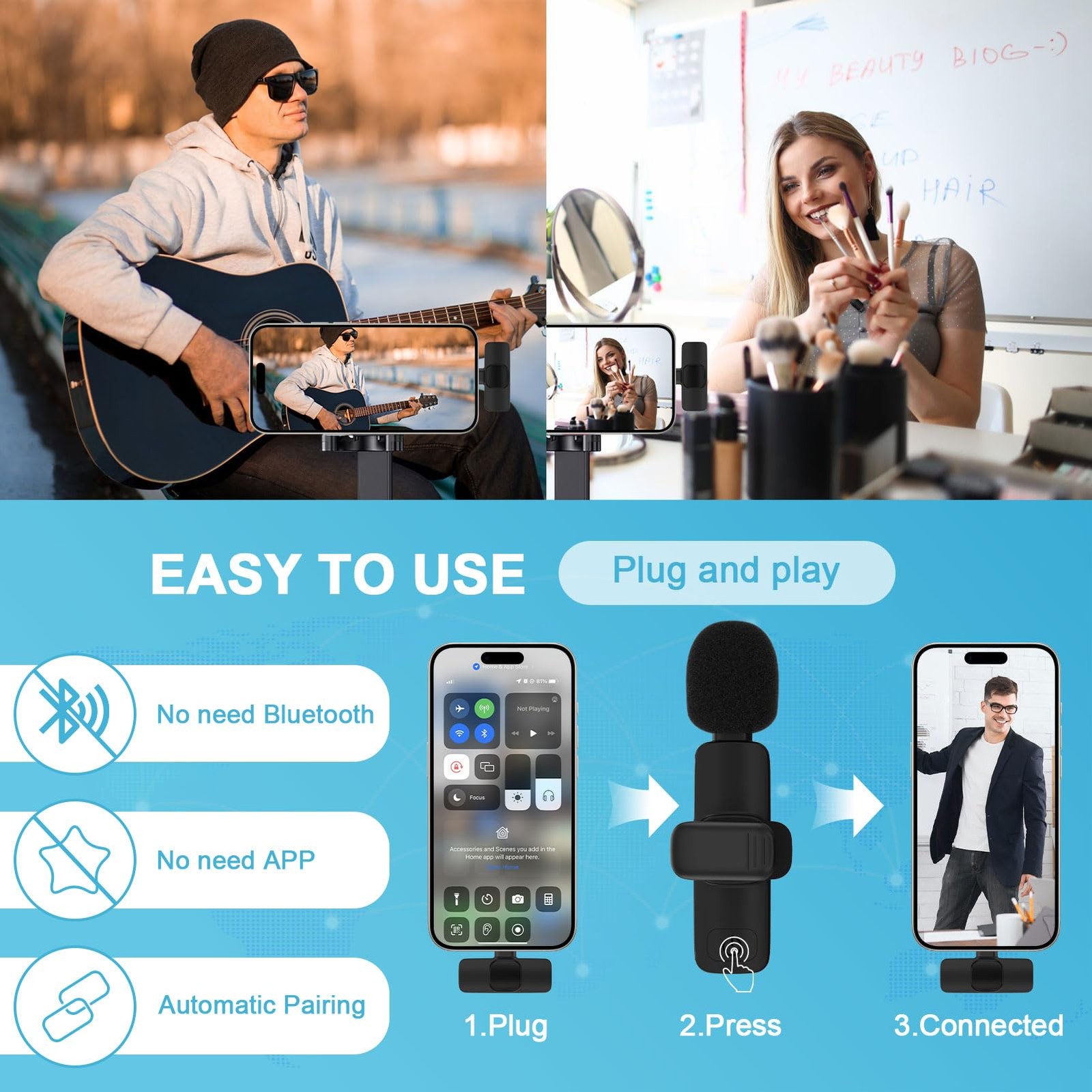 Wireless Microphone for iPhone 17 Pro Max/16/16e/16 Plus, Mini Lavalier Black