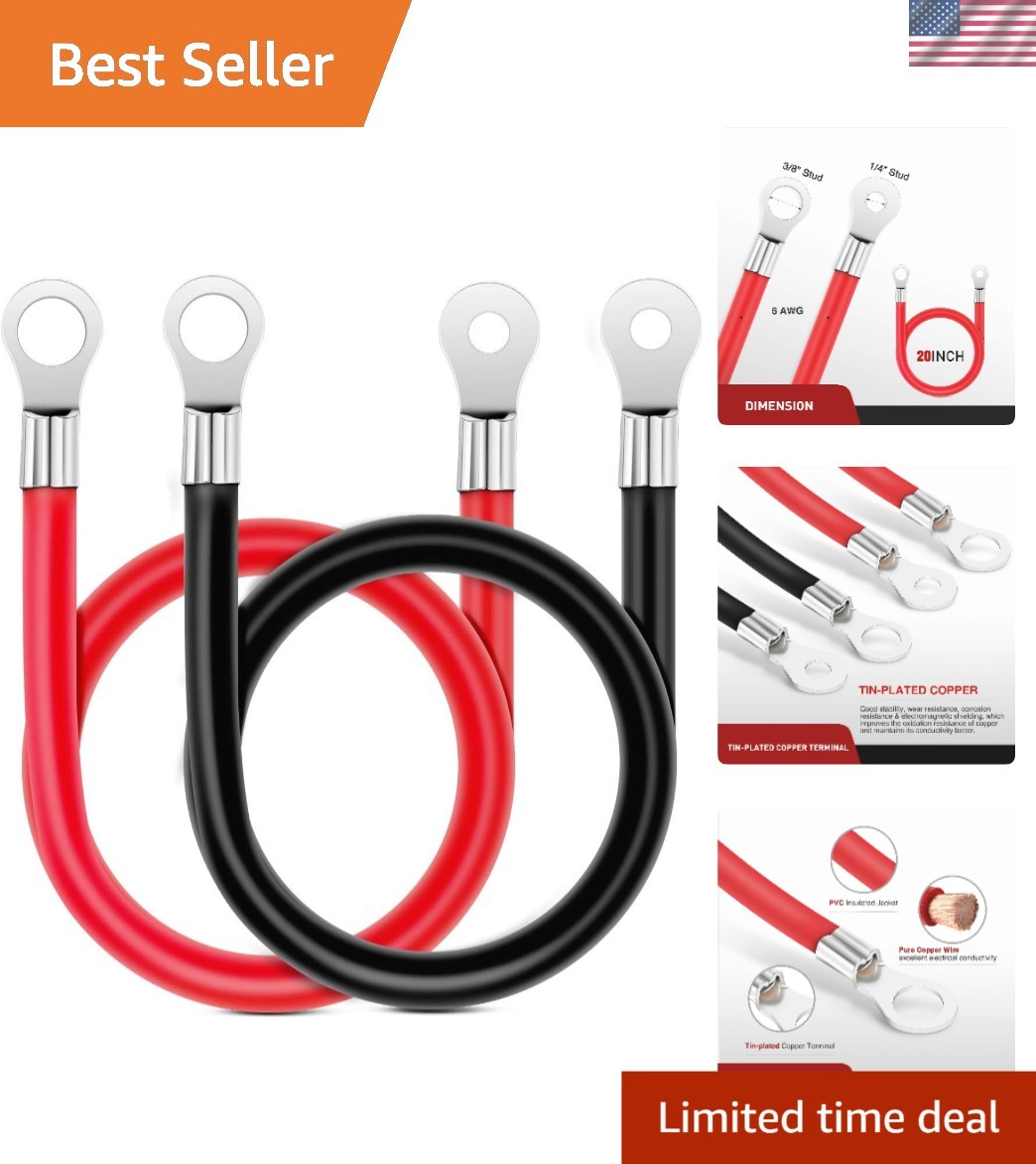 6 AWG 20 Inch Battery Inverter Cables with Tinned Terminals, Red & Black