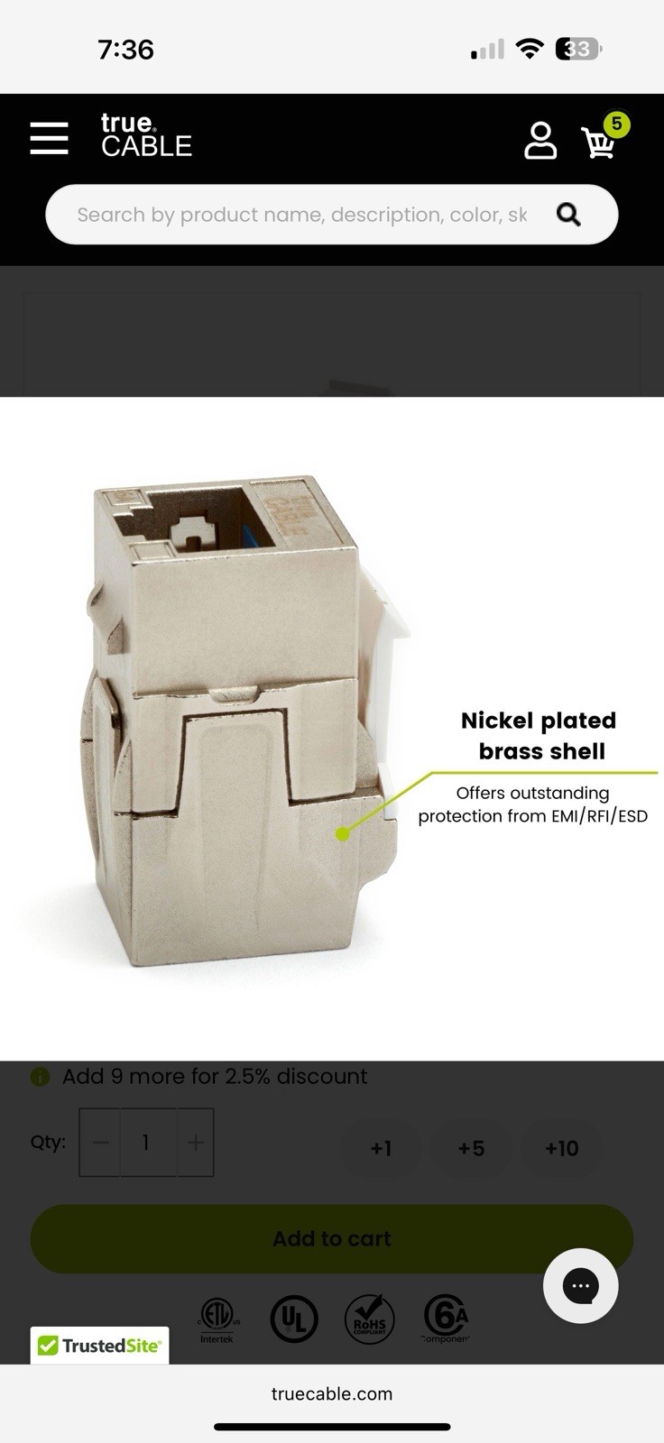 True Cable Cat6A Shielded Keystone Coupler | 12 Pieces