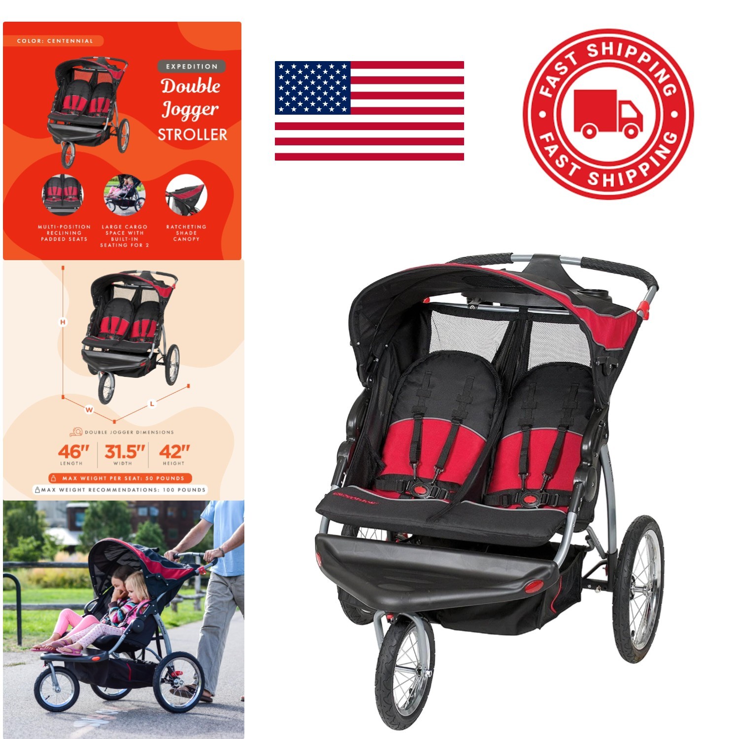 Sturdy Jogging Stroller for Two Children Lightweight with Easy Access Storage