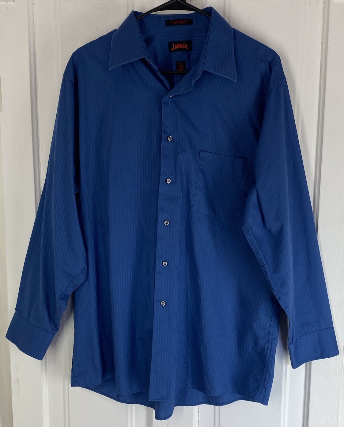 J. Garcia Dress Shirt (Size Large 16 1/2 32/33) Blue Stripe Button-Up, Vtg. 1998