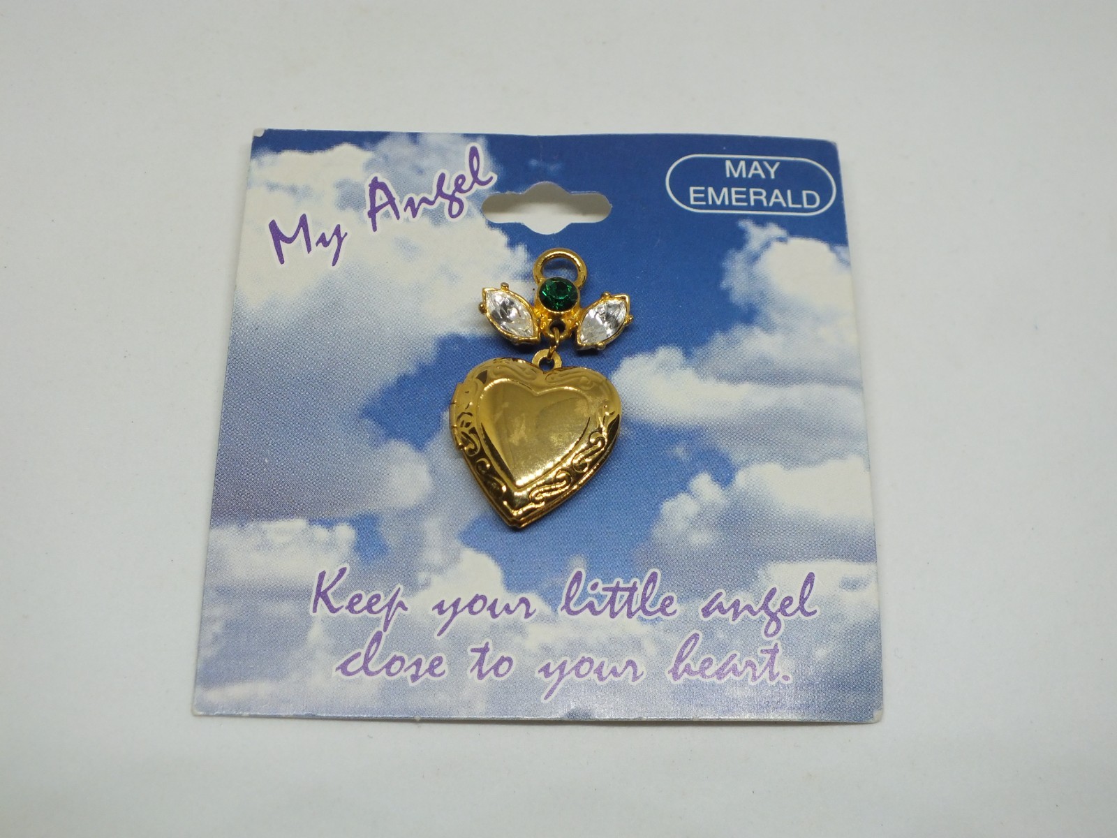Beautiful Brooch Pin Locket Angel Heart MAY Rhinestones Org Card 1 1/2" long