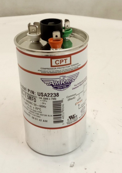 AmRad USA2238 CPT Round Dual Run Capacitor 50+7.5 MFD 370 or 440VAC 50-60Hz