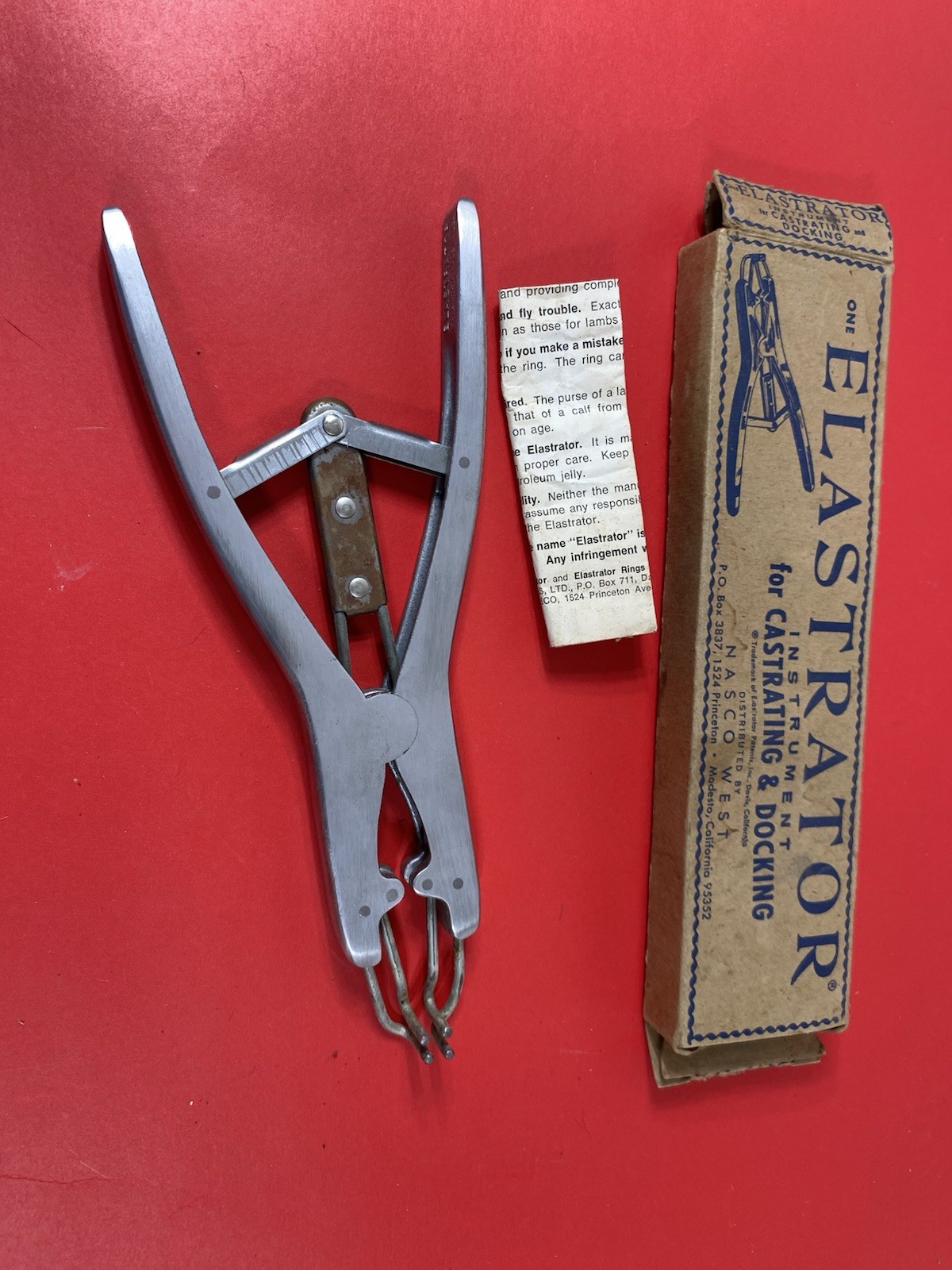 Vintage Elastrator Castration Docking Tool, original box, literature, antique