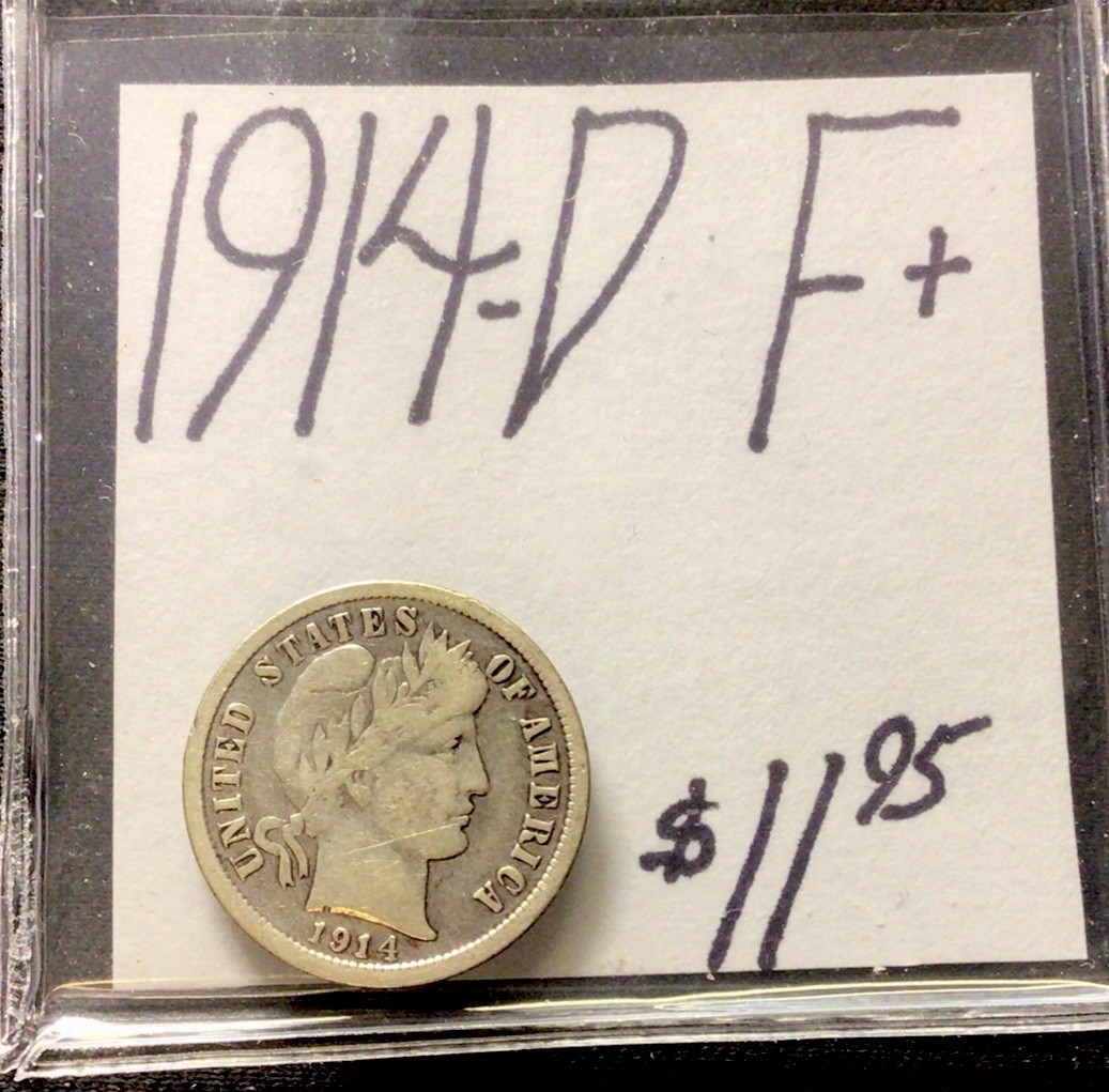 1914 D Barber Silver Dime F+! ENN Coins