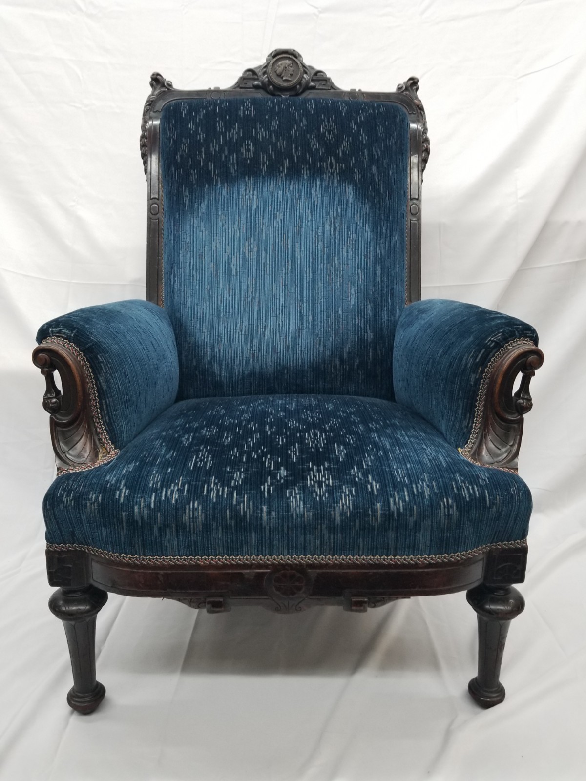 Antique American carved aesthetic mvmnt armchair attributed to Jellif crca 1870