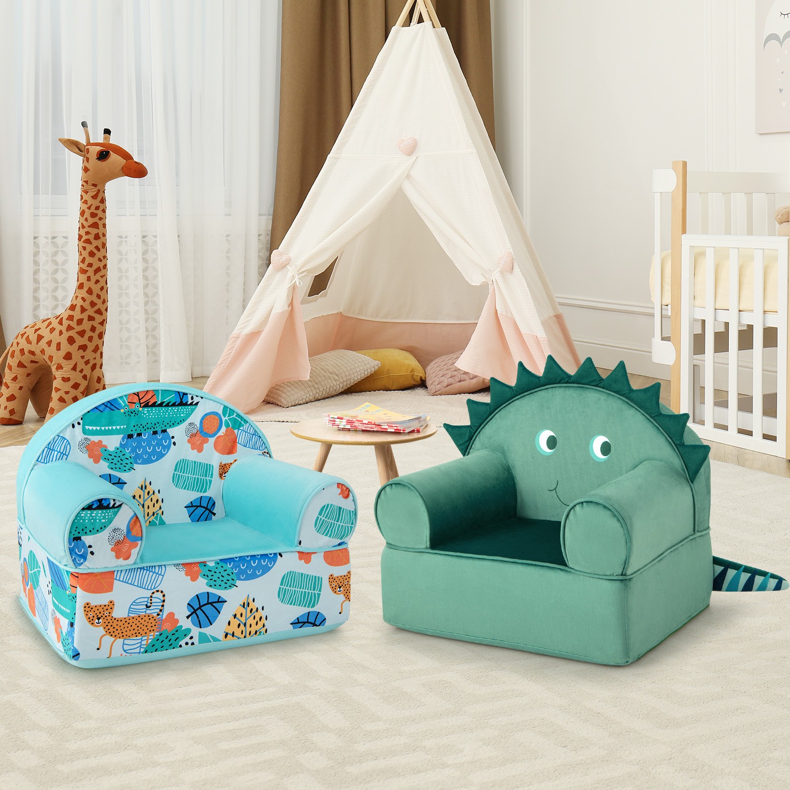 Kids Sofa Dinosaur Cuddly Armchair Toddler Armrest Couch w/ Washable Cover