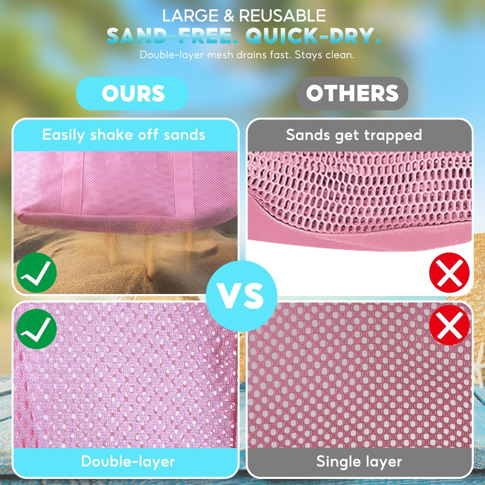 Large Mesh Beach Bag – Lightweight Beach Tote with 9 Pockets, Beach Bag fo