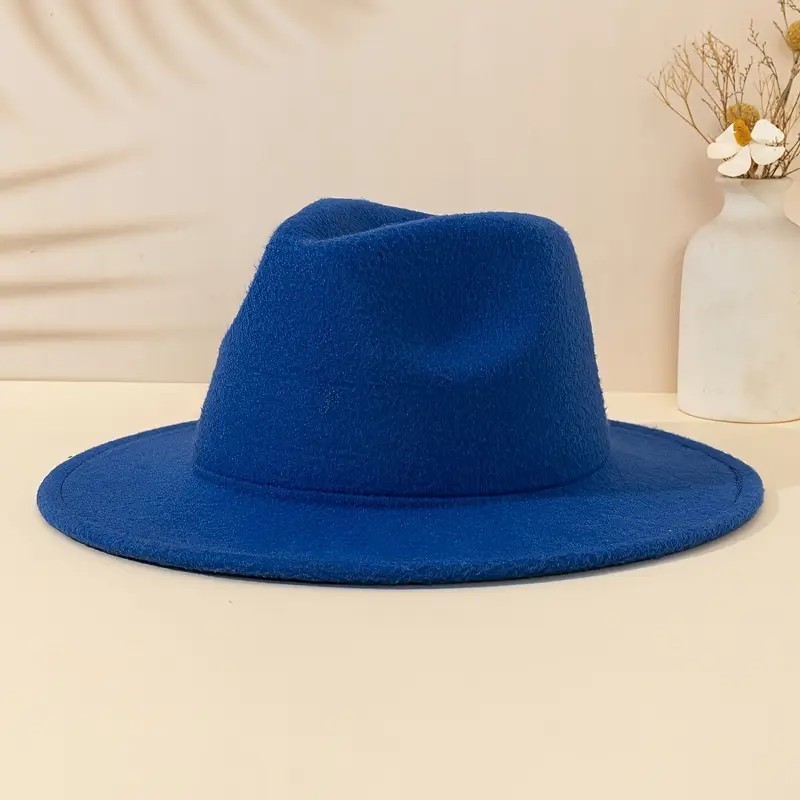 Blue Classic Fedora Hat Felt Panama Jazz Cap, Vintage, Wide Brim, Men, Woman