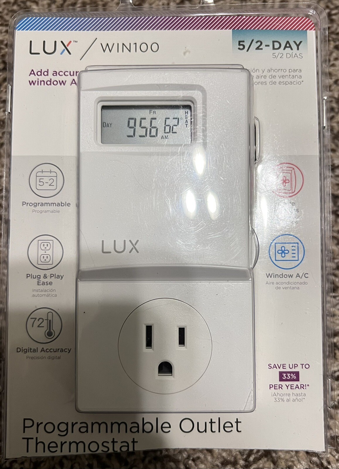 Lux WIN100 Automatic Heating & Cooling 5/2 Day Programmable Outlet Thermostat