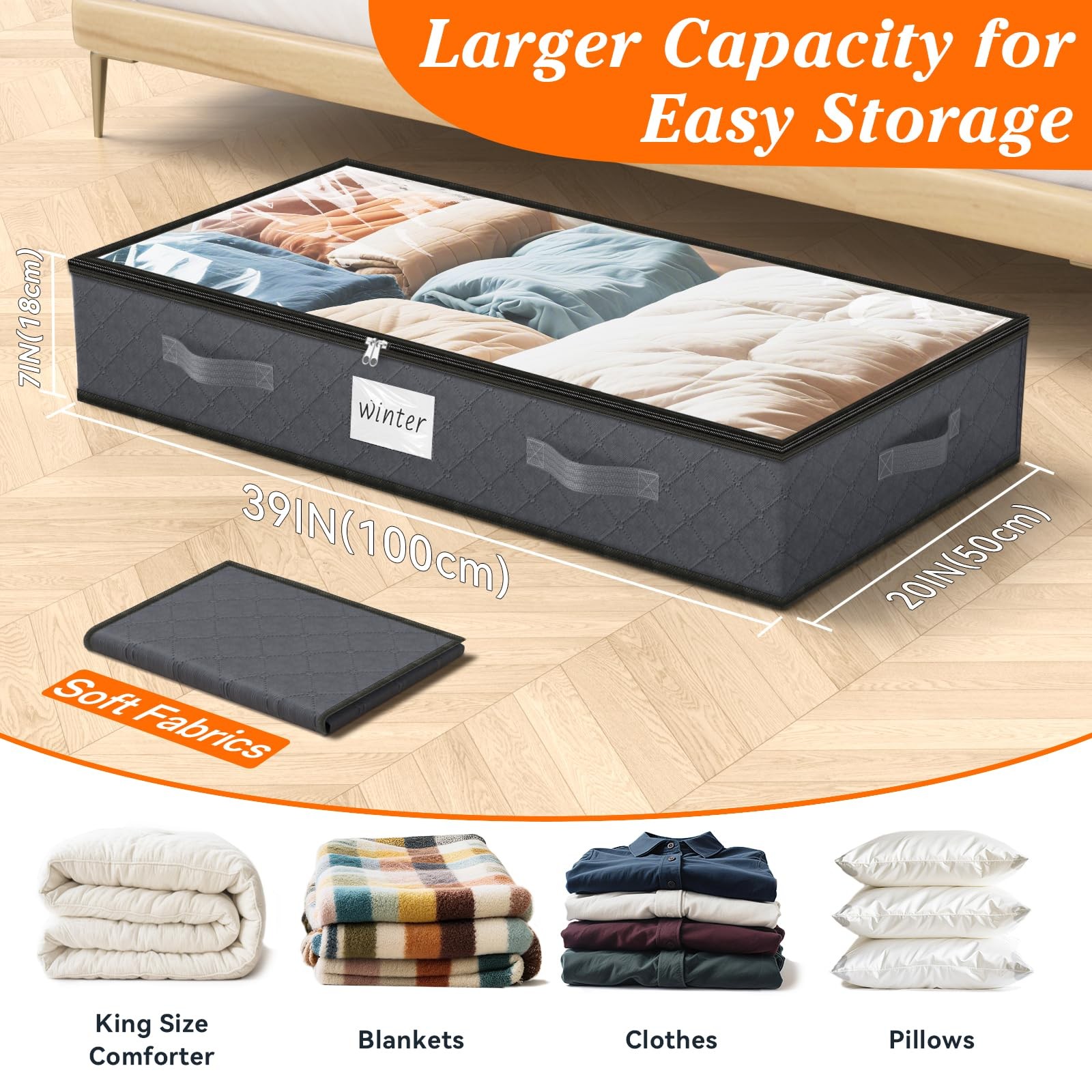 90L Under Bed Storage Containers, 2-Pack Storage Bins with Clear Top, Foldabl...