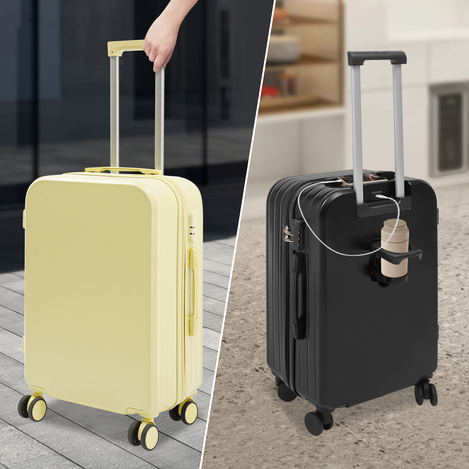 Black and Light Yellow 24" Suitcase with Cup Holder, Travel Luggage Suitcase