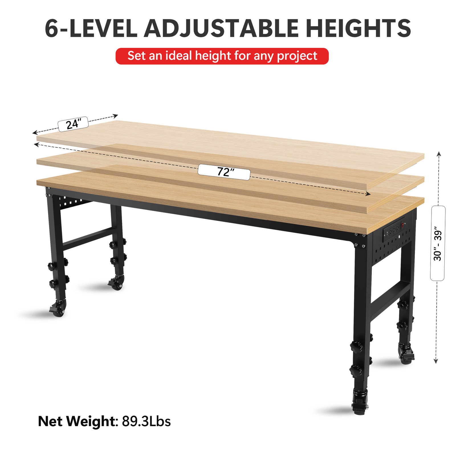 72" ×24'' Adjustable Workbench Rolling Heavy-Duty Worktable with Power Outlet