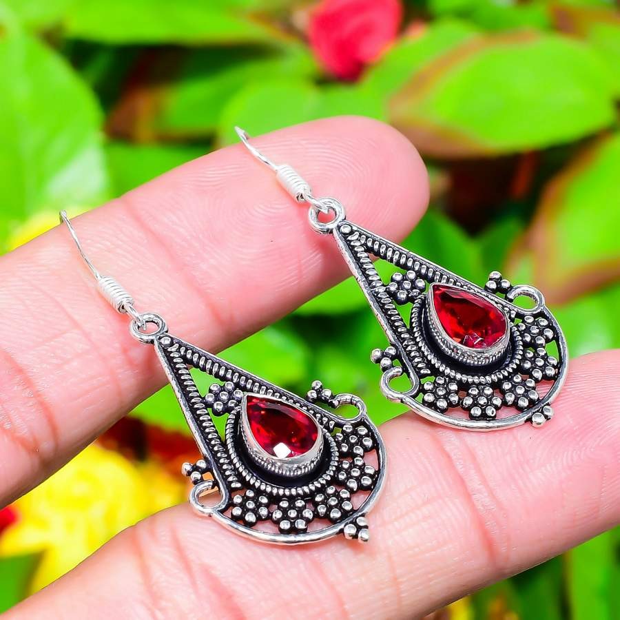 Mozambique Garnet Gemstone 925 Sterling Silver Gift Jewelry Earring 1.97" Z683
