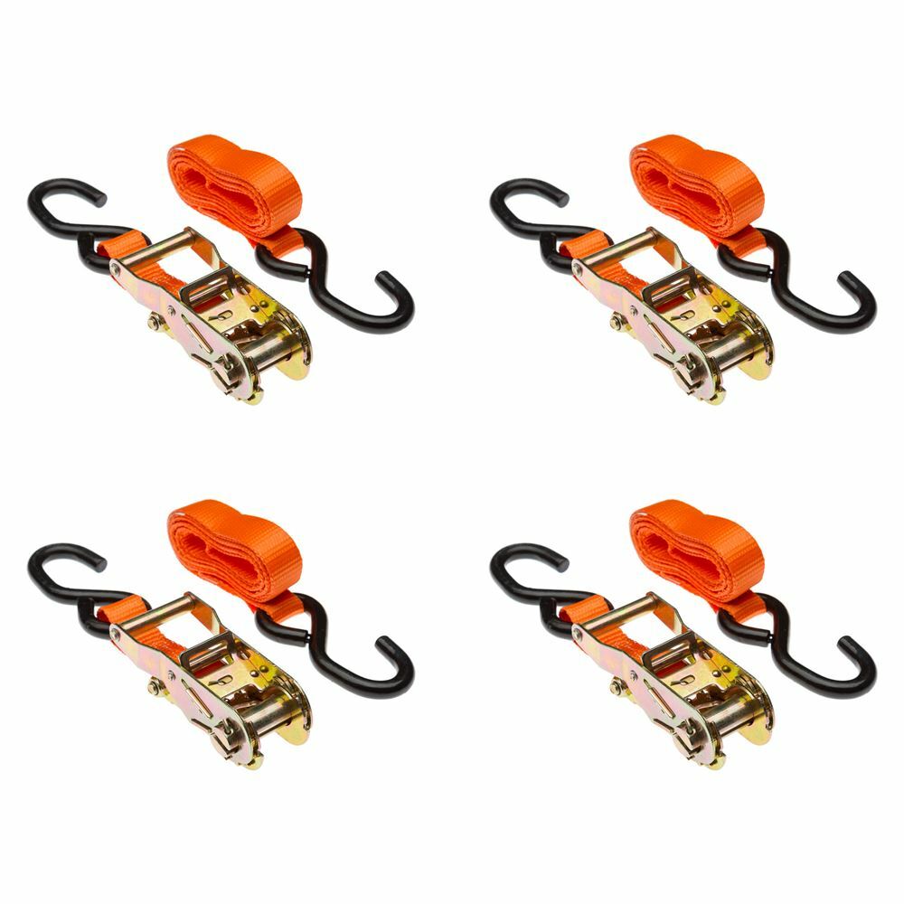 Orange Ratchet Tie-Down Straps 6' x 1" +Coated S-Hook Ends 4-Pack VH-Strap-R-O